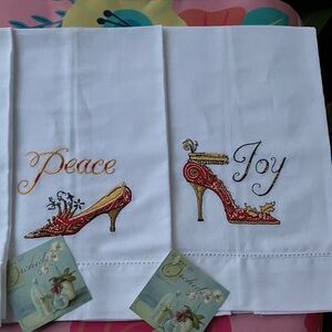 Holiday Decor Towels - White with Gold and Red Embroidery